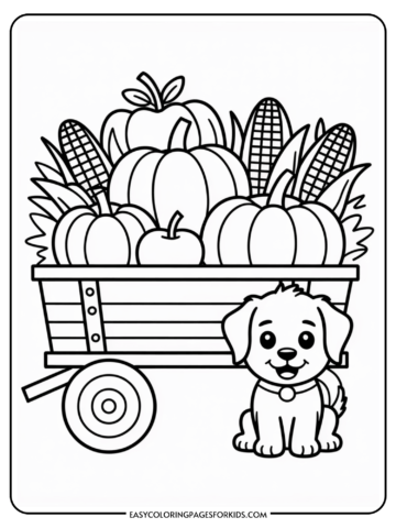 A coloring page featuring a cute puppy sitting beside a wooden cart filled with pumpkins, an apple, and corn on the cob.