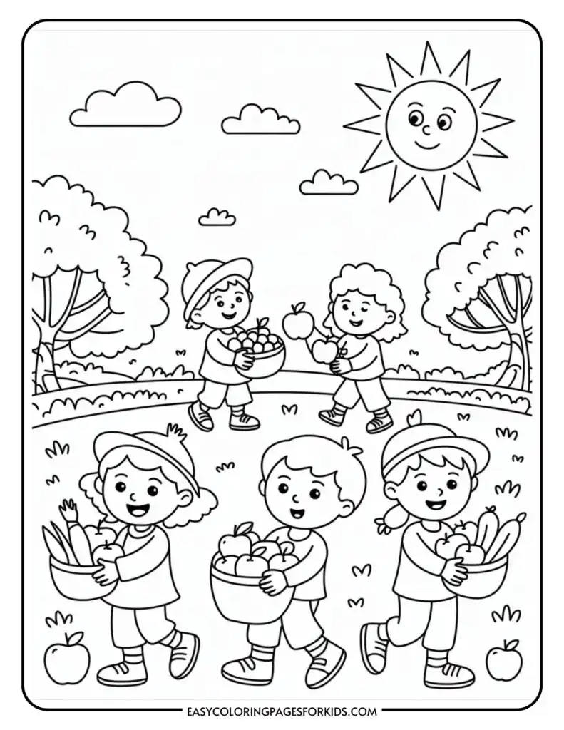 Illustration of five children happily carrying baskets of fruits and vegetables in a sunny outdoor setting with trees and clouds.