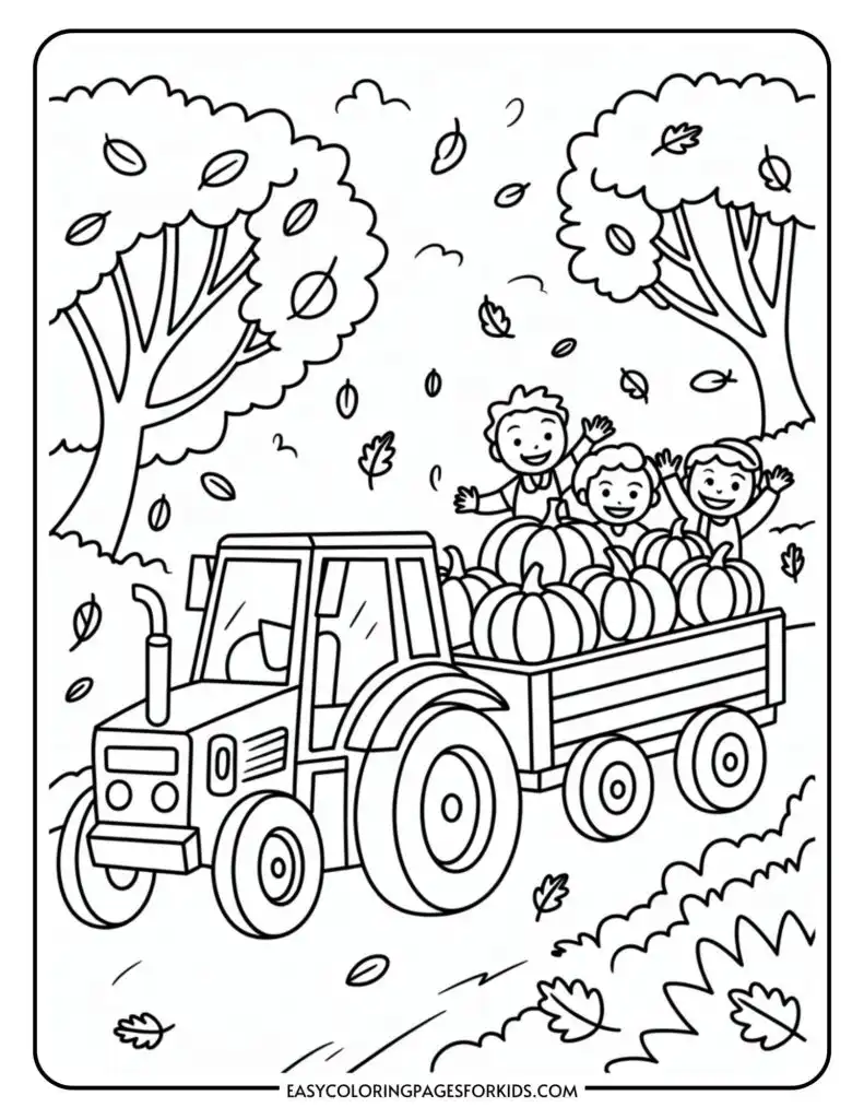 A coloring page featuring a tractor pulling a trailer filled with pumpkins and three children happily riding among them. The scene is set in a whimsical autumn landscape with falling leaves and trees in the background.