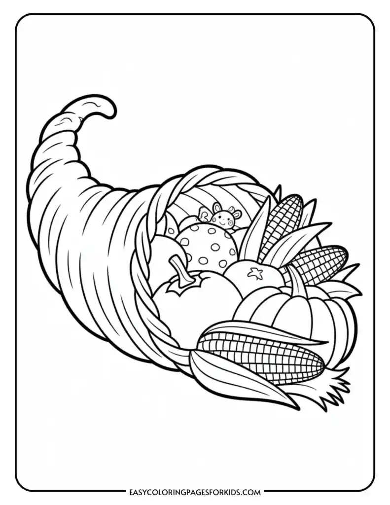 A black and white coloring page depicting a cornucopia filled with fruits and vegetables such as corn, pumpkins, apples, and other produce, with a small mouse peeking out from the top.