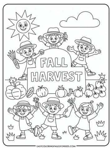 Coloring page depicting children celebrating a fall harvest with a sign reading 