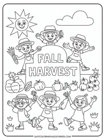 Coloring page depicting children celebrating a fall harvest with a sign reading 