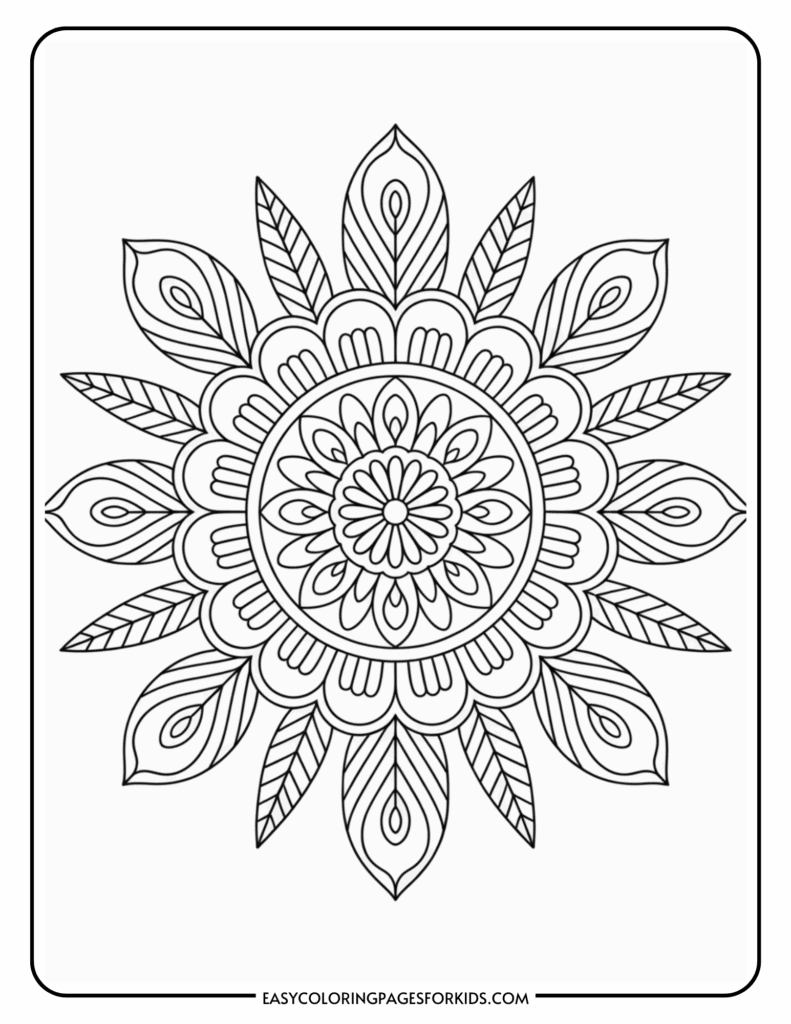 A black and white mandala design with intricate patterns including petals, leaves, and concentric circles, set within a rectangular border.