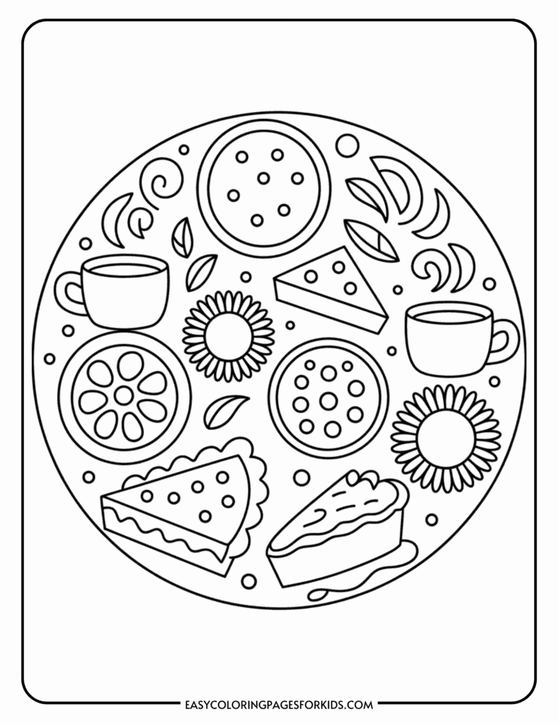 A round coloring page featuring cookies, cups, pie slices, flowers, and abstract leaf shapes arranged symmetrically.