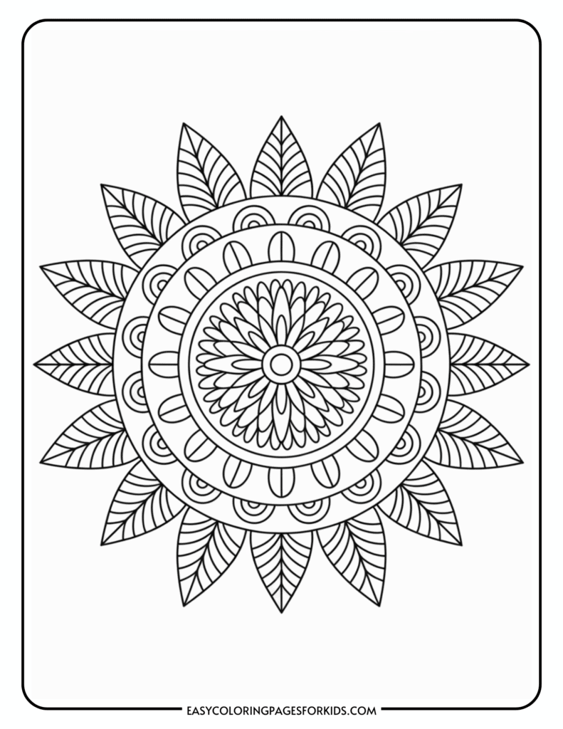 A black and white mandala design featuring a detailed circular pattern with floral and leaf motifs radiating from the center.