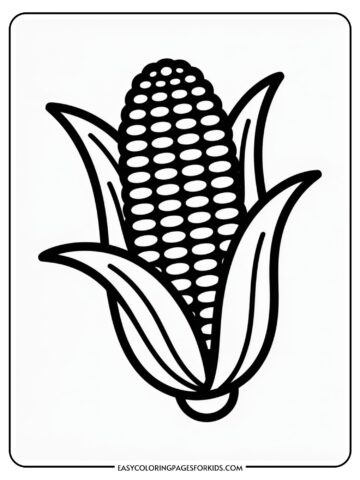 Black and white outline drawing of an ear of corn with husks partially peeled back, revealing rows of kernels.