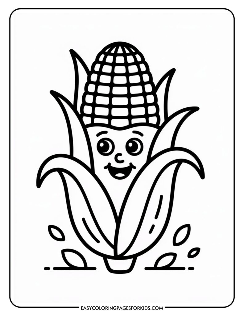 A cartoon drawing of a smiling corn cob with facial features, surrounded by husks and a few leaves at the base.