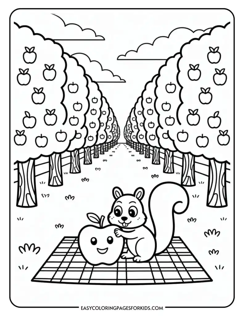 A cartoon squirrel sitting on a picnic blanket in an apple orchard, playfully hugging a large apple with a smiling face, surrounded by rows of apple trees under a cloudy sky.