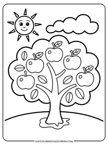 A simple coloring page depicting a tree with apples and leaves, a smiling sun, and a cloud in the sky.