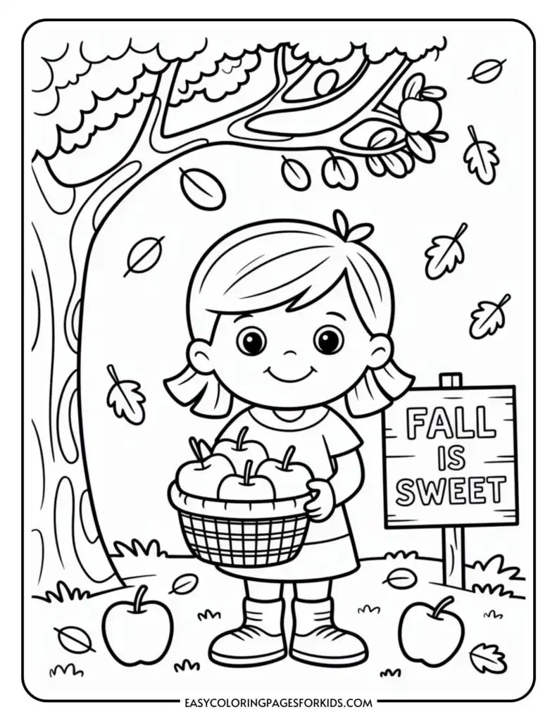 A coloring page depicting a smiling child holding a basket full of apples, standing under a tree with falling leaves. A sign next to the child reads "Fall is Sweet." Apples are scattered on the ground, enhancing the autumn theme.