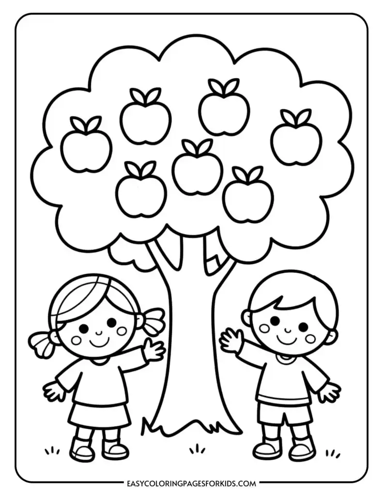 A black and white coloring page featuring a tree with seven apples and two smiling children, one boy and one girl, standing on either side with their arms raised.