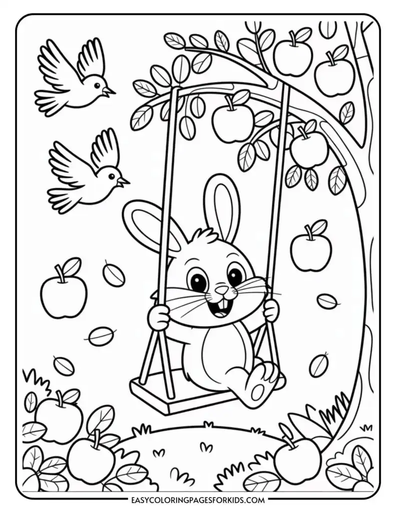 A cartoon rabbit happily swings on a swing beneath an apple tree, surrounded by falling leaves and two birds flying nearby.