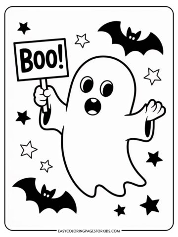 A cartoon ghost holding a sign that says 