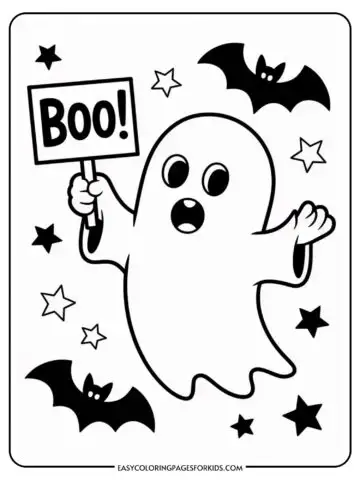 A cartoon ghost holding a sign that says 