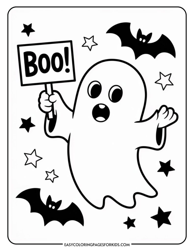 A cartoon ghost holding a sign that says "Boo!" surrounded by bats and stars in a coloring page design.