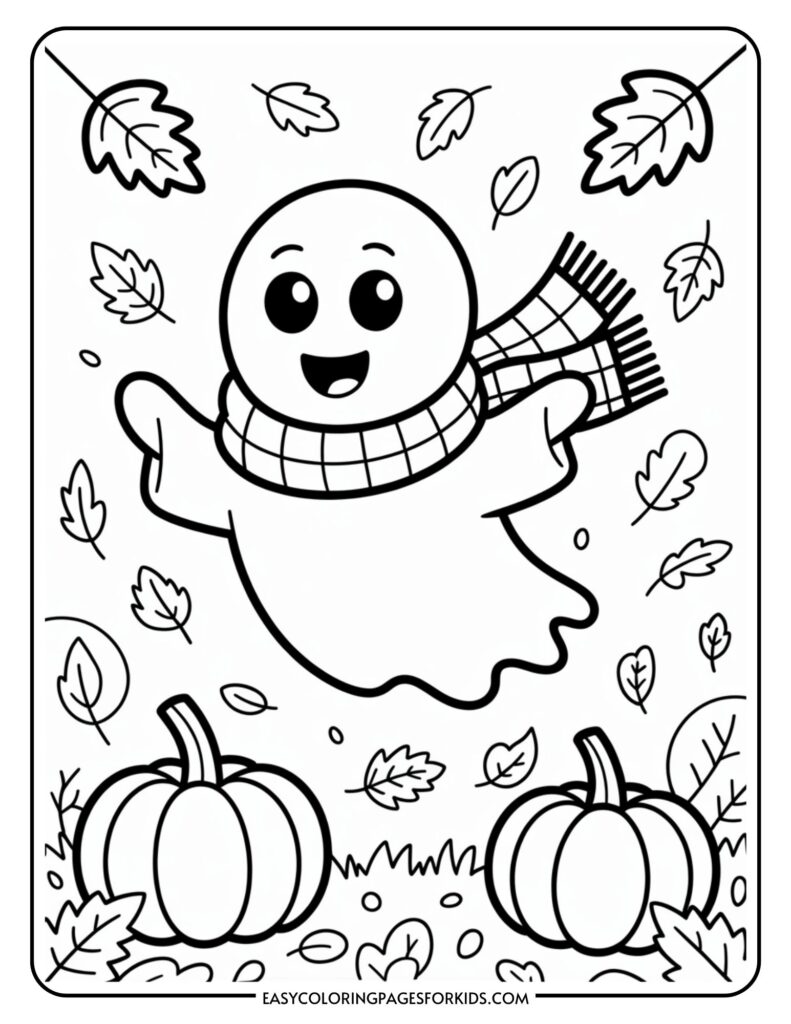 A cute ghost wearing a checkered scarf, surrounded by falling autumn leaves and pumpkins.