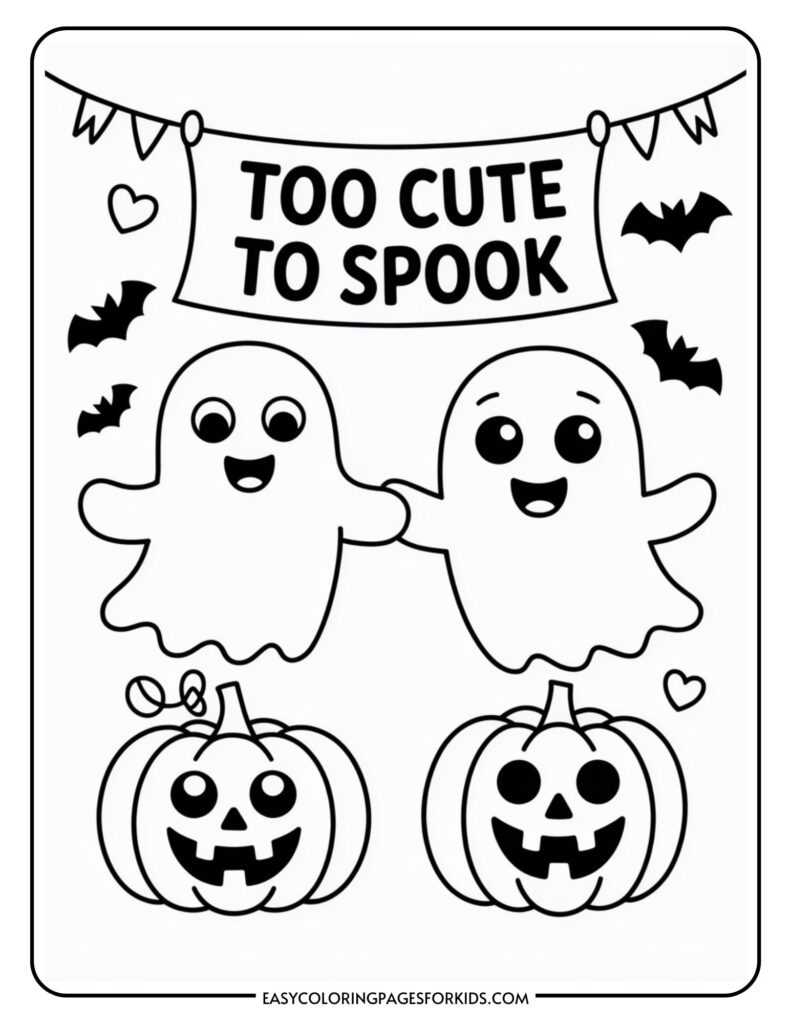 A Halloween-themed coloring page featuring two smiling ghosts under a banner reading 'Too Cute to Spook,' surrounded by small bat and heart illustrations. Below are two pumpkins with carved, happy faces.