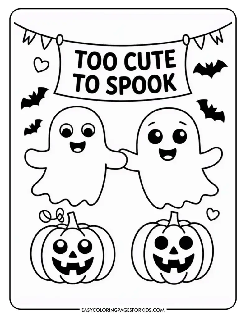A Halloween-themed coloring page featuring two smiling ghosts under a banner reading 'Too Cute to Spook,' surrounded by small bat and heart illustrations. Below are two pumpkins with carved, happy faces.