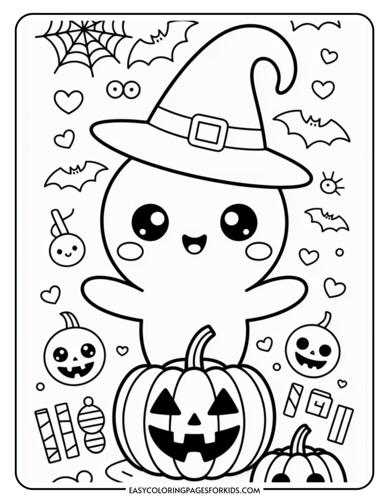Cute Halloween-themed coloring page featuring a kawaii ghost wearing a witch hat, surrounded by pumpkins, bats, candy, hearts, and spider webs.