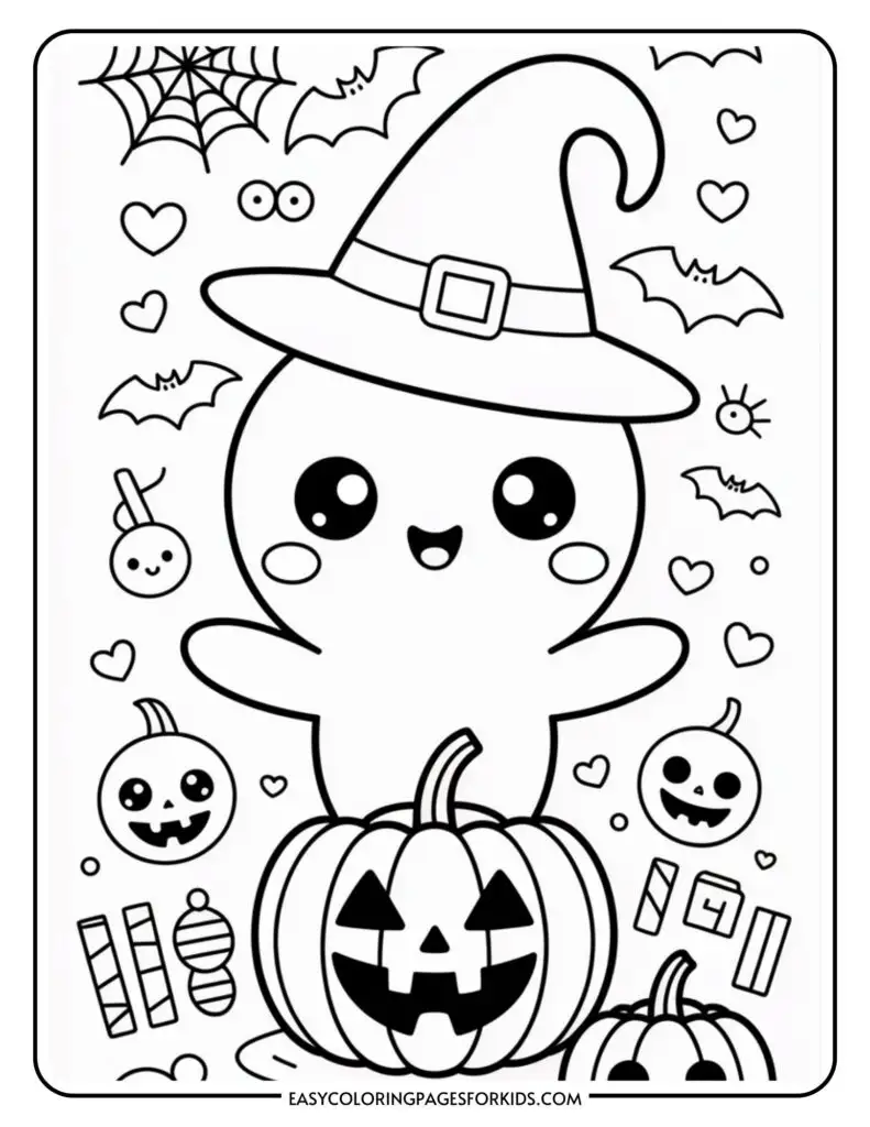 Cute Halloween-themed coloring page featuring a kawaii ghost wearing a witch hat, surrounded by pumpkins, bats, candy, hearts, and spider webs.