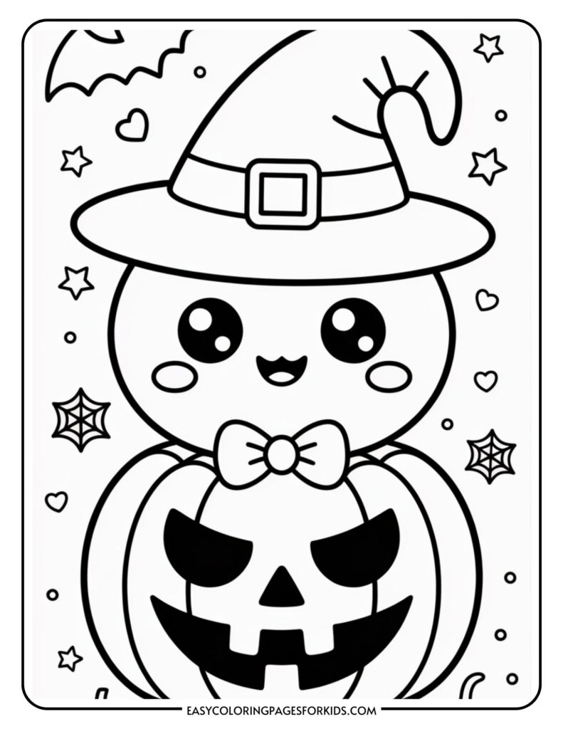 A cute black and white illustration of a kawaii character wearing a witch hat, holding a smiling jack-o'-lantern with a bow tie. The background features bats, stars, hearts, and spider webs, creating a Halloween theme.