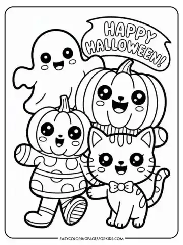 A Halloween-themed coloring page featuring a ghost, two smiling pumpkins, a cat with a bow tie, and a message that reads 