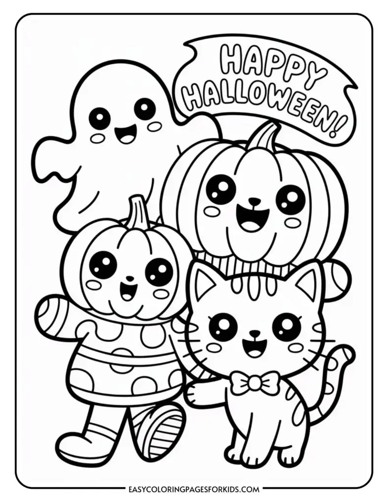 A Halloween-themed coloring page featuring a ghost, two smiling pumpkins, a cat with a bow tie, and a message that reads "Happy Halloween!" above them.
