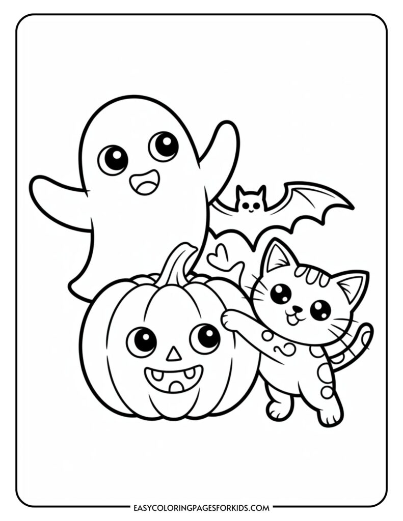 A cute ghost, a smiling pumpkin with a face, a friendly cat, and a small bat are illustrated in a Halloween-themed coloring page.