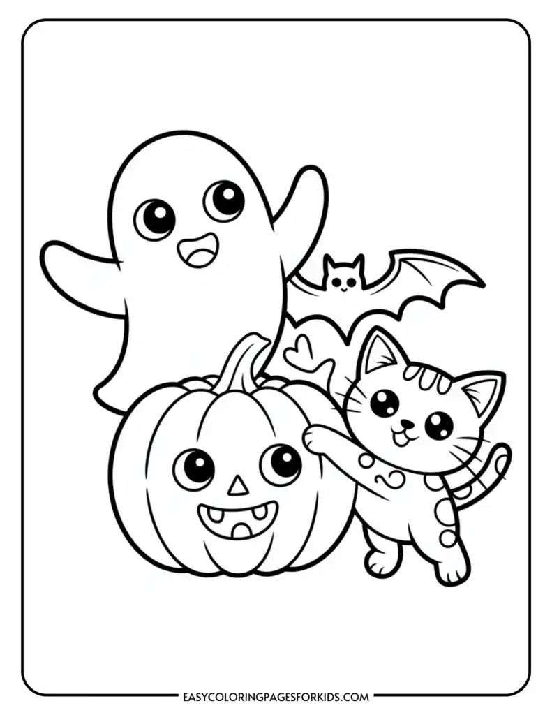 A cute ghost, a smiling pumpkin with a face, a friendly cat, and a small bat are illustrated in a Halloween-themed coloring page.