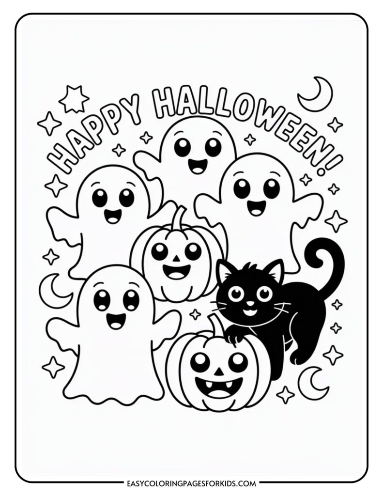 A Halloween coloring page with five smiling cartoon ghosts, a playful black cat, and two carved pumpkins. The design is surrounded by stars, a crescent moon, and the words "Happy Halloween!" at the top.
