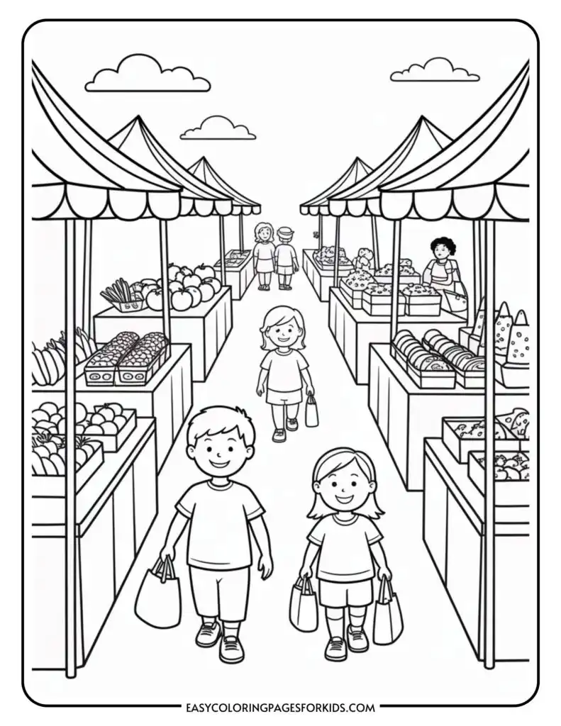 A black and white illustration of two children holding shopping bags walking through a market with stalls of fruits and vegetables on either side. Other people are visible in the background, also shopping. The stalls are under canopy tents, and the sky has a few clouds.