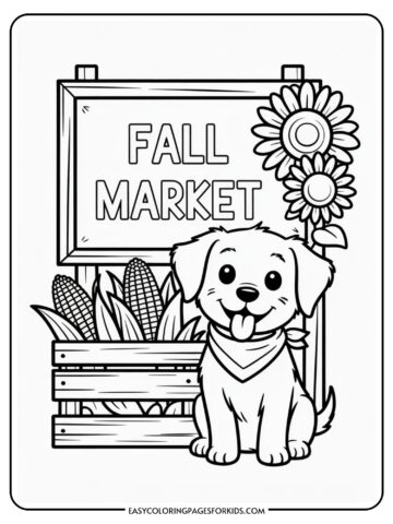 Coloring page featuring a happy puppy wearing a bandana sitting next to a sign reading 'Fall Market', with corn cobs and sunflowers in the background.