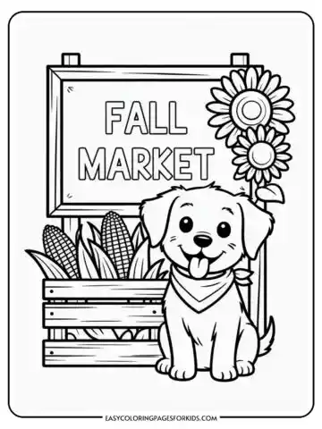 Coloring page featuring a happy puppy wearing a bandana sitting next to a sign reading 'Fall Market', with corn cobs and sunflowers in the background.