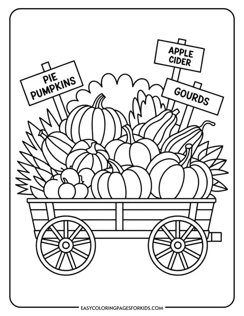 A coloring page featuring a wooden cart filled with various pumpkins and gourds, with signs labeled 'Pie Pumpkins,' 'Apple Cider,' and 'Gourds.'