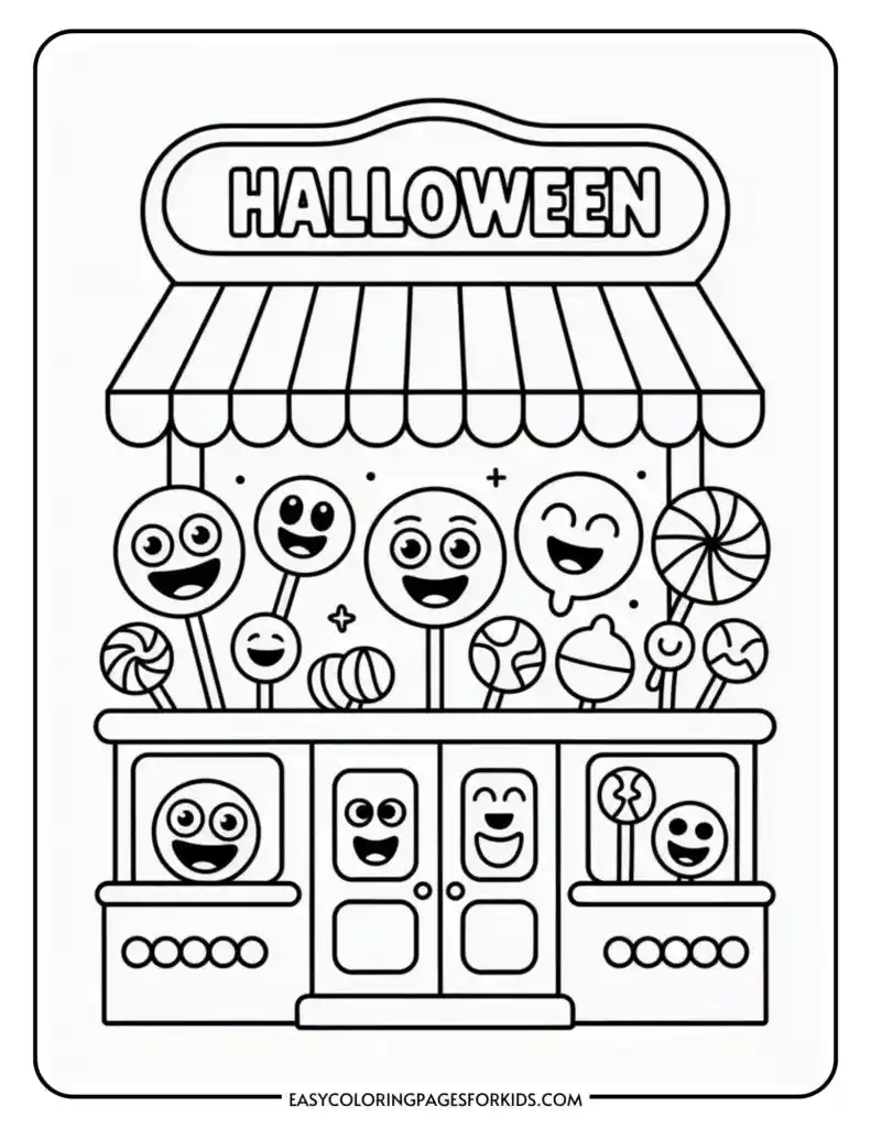 A black and white coloring page featuring a cartoon candy shop with a Halloween theme, displaying smiling lollipops and sweets under a striped awning with the word 'HALLOWEEN' at the top.