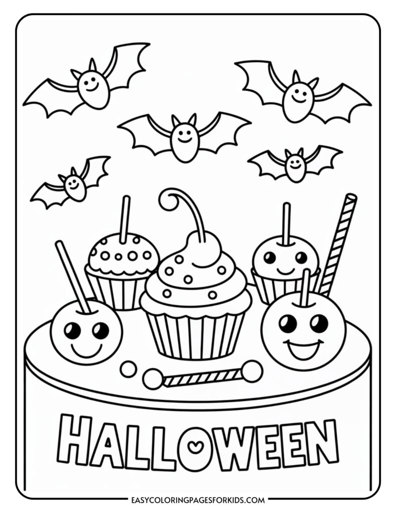 A Halloween-themed coloring page featuring smiling bats flying above an array of decorated Halloween treats, including cupcakes and candy apples, with the word 'HALLOWEEN' prominently displayed at the bottom.