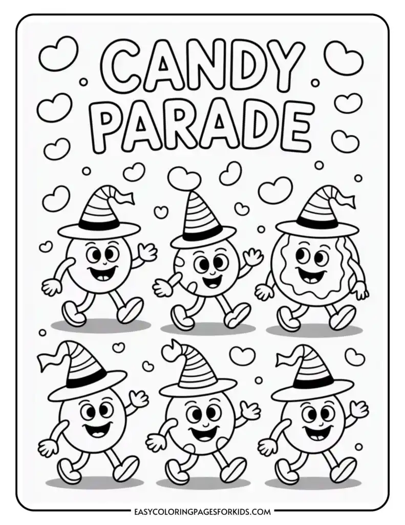 A black and white coloring page titled "Candy Parade" featuring six cartoon candy characters wearing witch hats, surrounded by heart shapes.