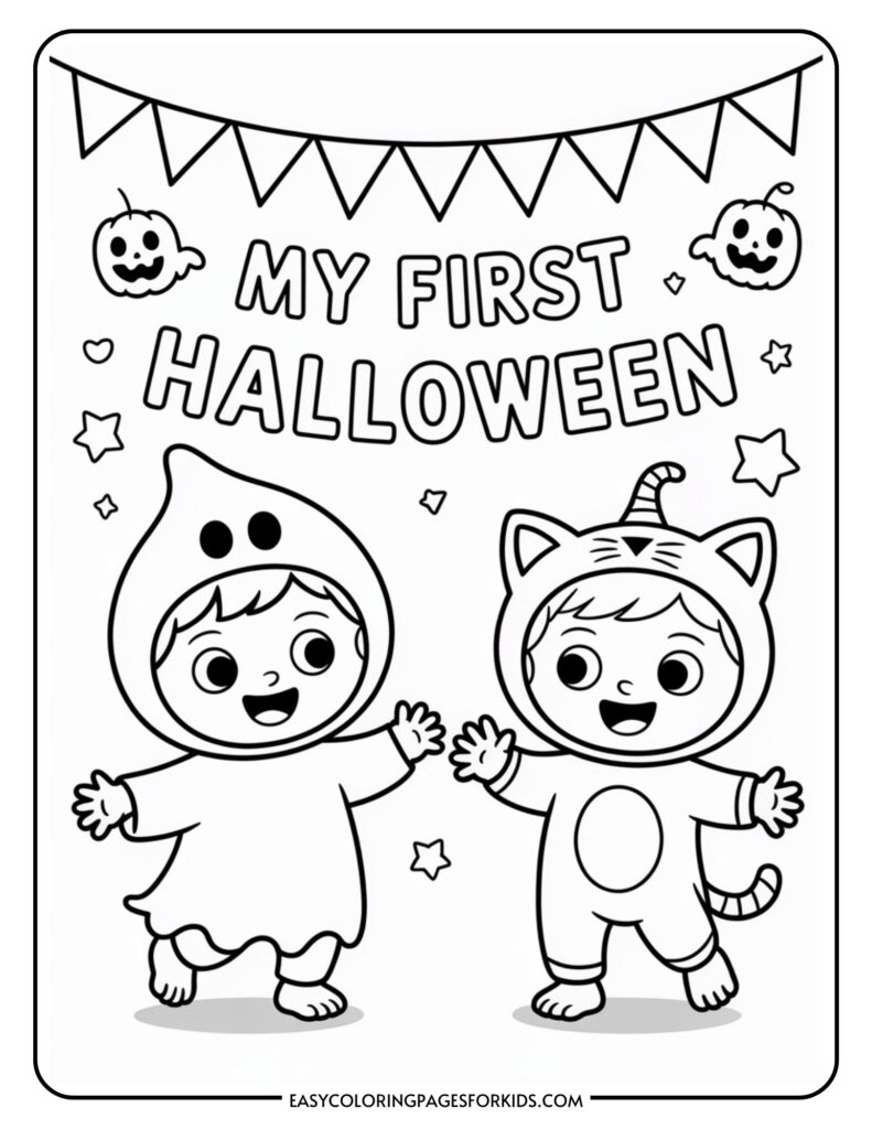 Two children in Halloween costumes, one dressed as a ghost and the other as a cat, with the words "My First Halloween" above them and festive decorations including pumpkins and stars.