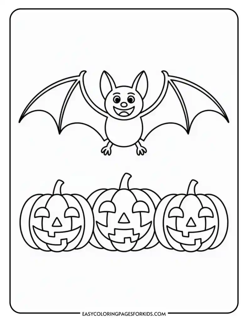 A black and white drawing for coloring featuring a smiling cartoon bat with spread wings above three carved pumpkins with smiling faces.