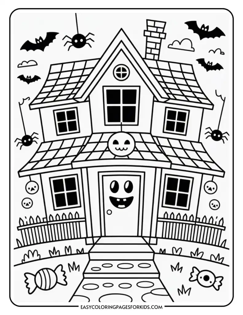 A black and white Halloween-themed coloring page featuring a house with a smiling face on the door. Bats and spiders are around the house, and candy pieces are on the ground. The sky is partly cloudy.