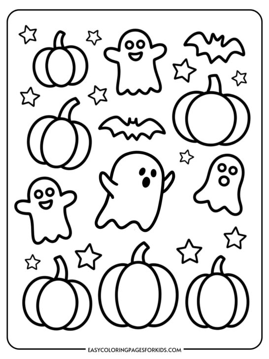 A Halloween-themed coloring page featuring smiling ghosts, pumpkins, bats, and stars arranged in a playful pattern.
