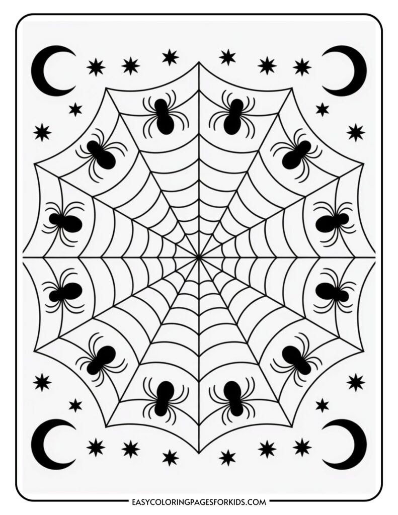 A coloring page featuring a large spider web at the center with eight spiders on it. The background includes stars and crescent moons evenly arranged around the web.