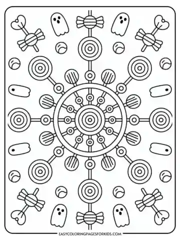 A Halloween-themed mandala coloring page featuring a central circular pattern with concentric rings and geometric designs. Surrounding the central motif are small ghost figures, bones tied with ribbons, and various circular shapes, all set on a plain background.