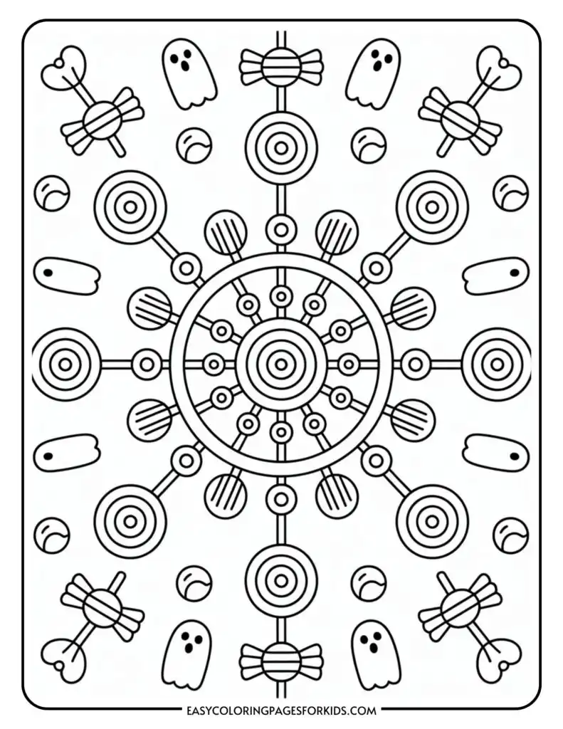 A Halloween-themed mandala coloring page featuring a central circular pattern with concentric rings and geometric designs. Surrounding the central motif are small ghost figures, bones tied with ribbons, and various circular shapes, all set on a plain background.