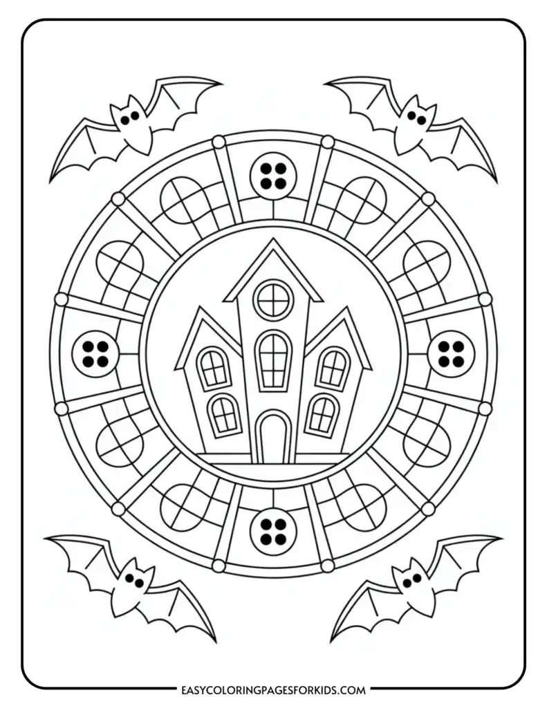 A Halloween-themed black and white coloring page featuring a haunted house in the center, surrounded by a circular pattern with button and web designs. Four bats with smiling faces are positioned around the circle in the corners of the page.