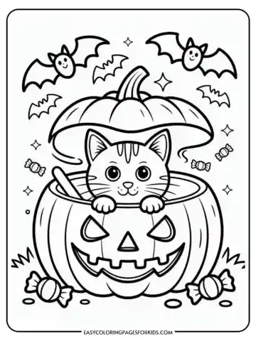 A coloring page featuring a cute kitten peeking out of a carved pumpkin with a jack-o-lantern face. Above the kitten, smiling bats fly. Candy pieces surround the pumpkin, and stars decorate the background.