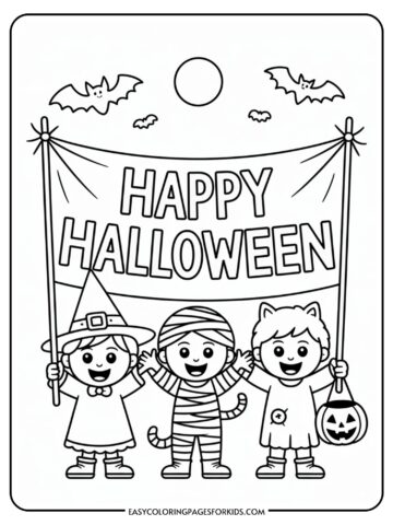 A Halloween coloring page featuring three children in costumes holding a banner that reads 'Happy Halloween'. The first child is dressed as a witch, the second as a mummy, and the third as a cat. Bats and a full moon appear above them.