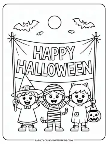 A Halloween coloring page featuring three children in costumes holding a banner that reads 'Happy Halloween'. The first child is dressed as a witch, the second as a mummy, and the third as a cat. Bats and a full moon appear above them.