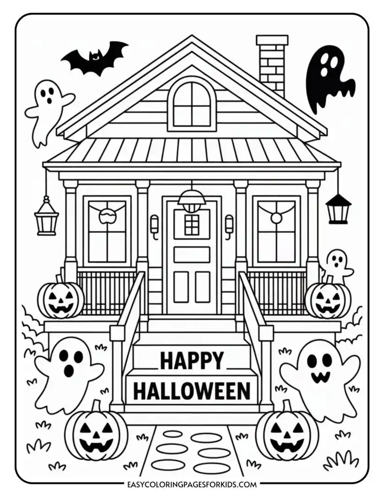 A Halloween-themed coloring page featuring a small house decorated with jack-o'-lanterns, ghosts, and a bat. The porch has a sign reading "Happy Halloween."