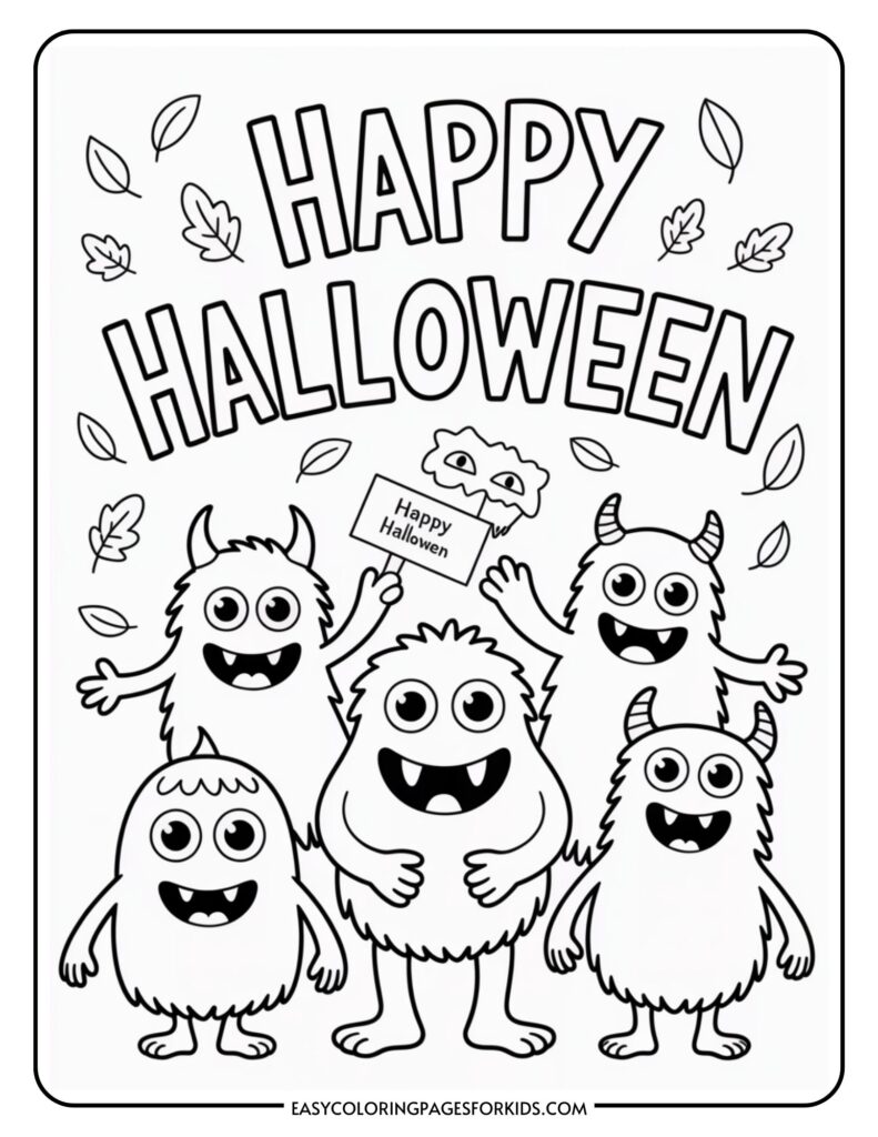 A black and white illustration featuring five cute, cartoon monsters with big eyes and wide smiles standing under the text 'Happy Halloween.' Leaves are scattered around, and one monster holds a sign with the same phrase. The image is designed as a coloring page for children.